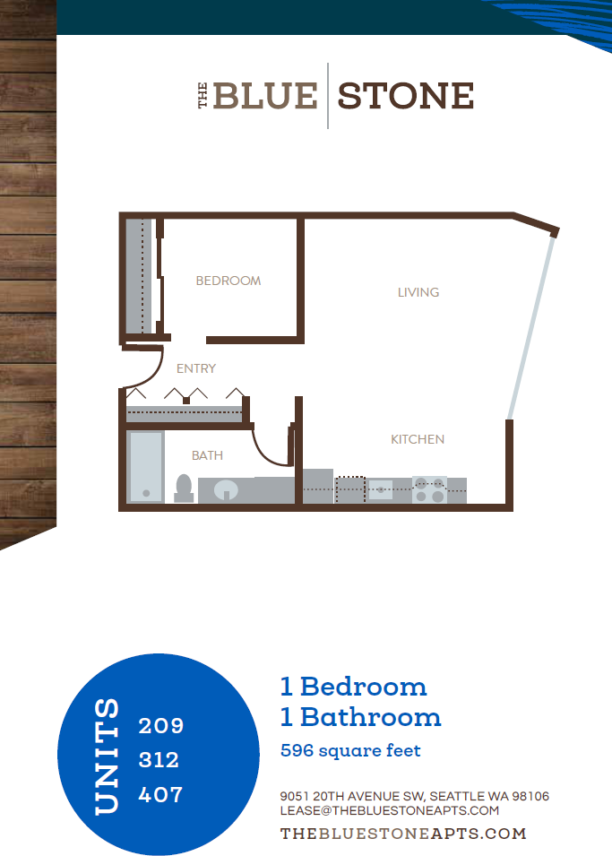 Floor plan for 1 bed, 1 bath, 596 sqft